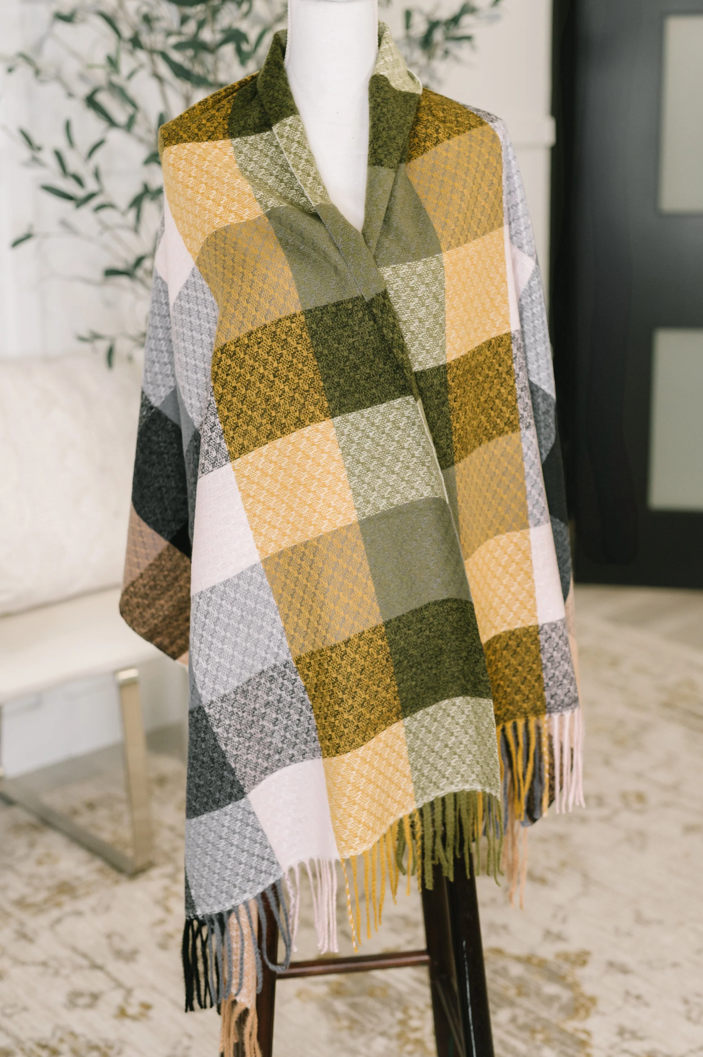 Keep Me Cozy Checkered Fringe Scarf in Woodland Shades - Image 2