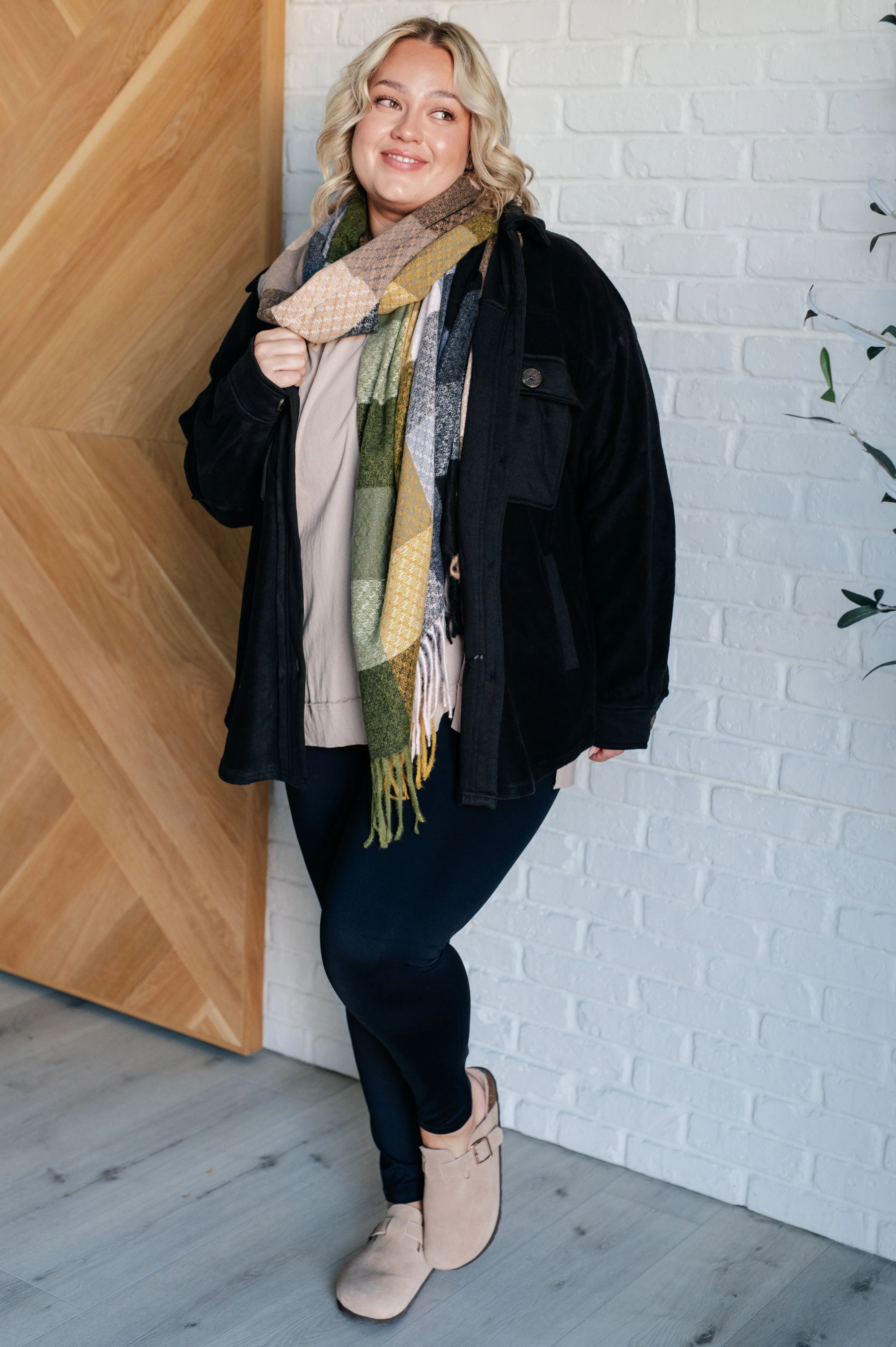 Keep Me Cozy Checkered Fringe Scarf in Woodland Shades - Image 3