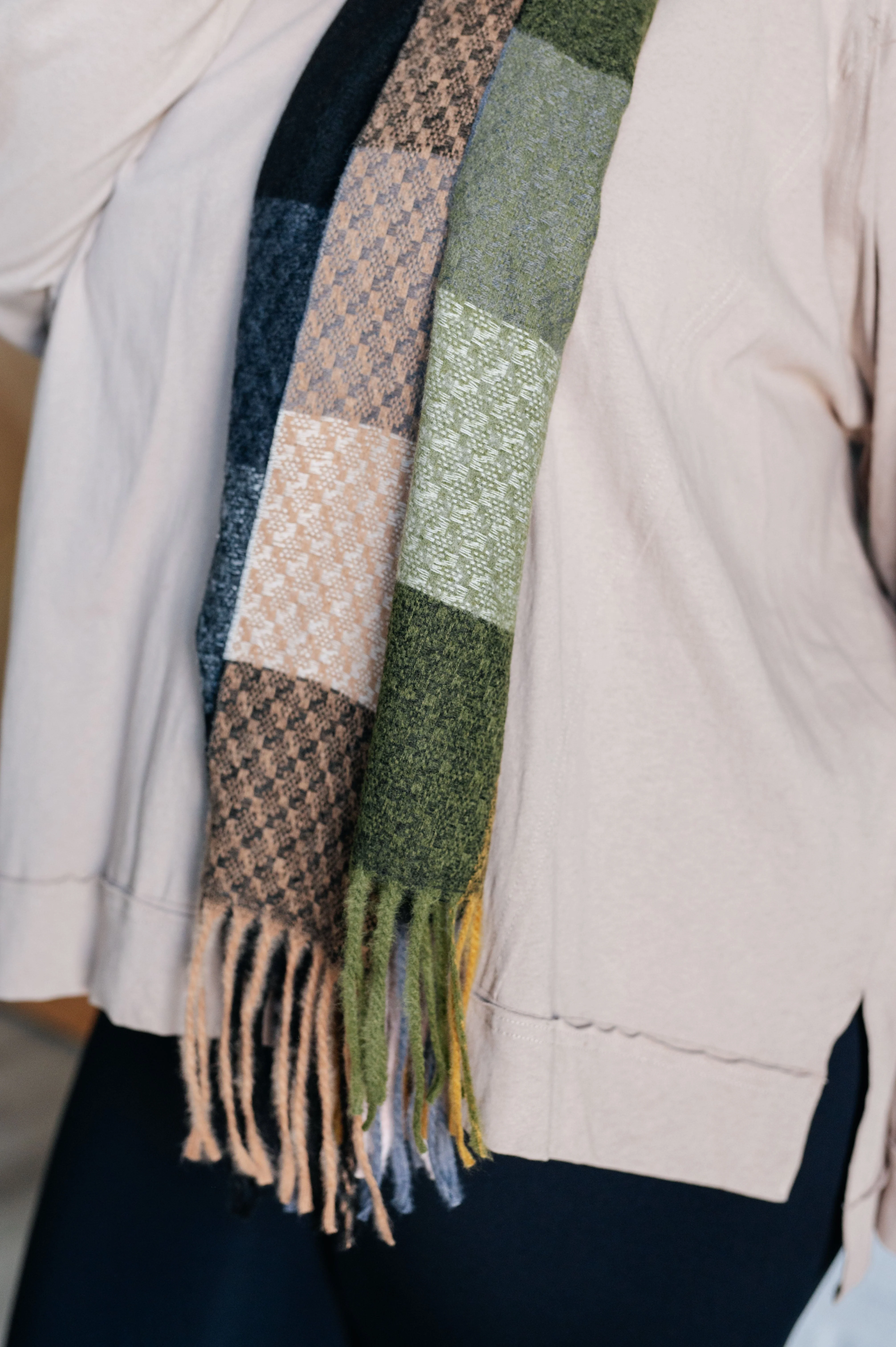 Keep Me Cozy Checkered Fringe Scarf in Woodland Shades - Image 4