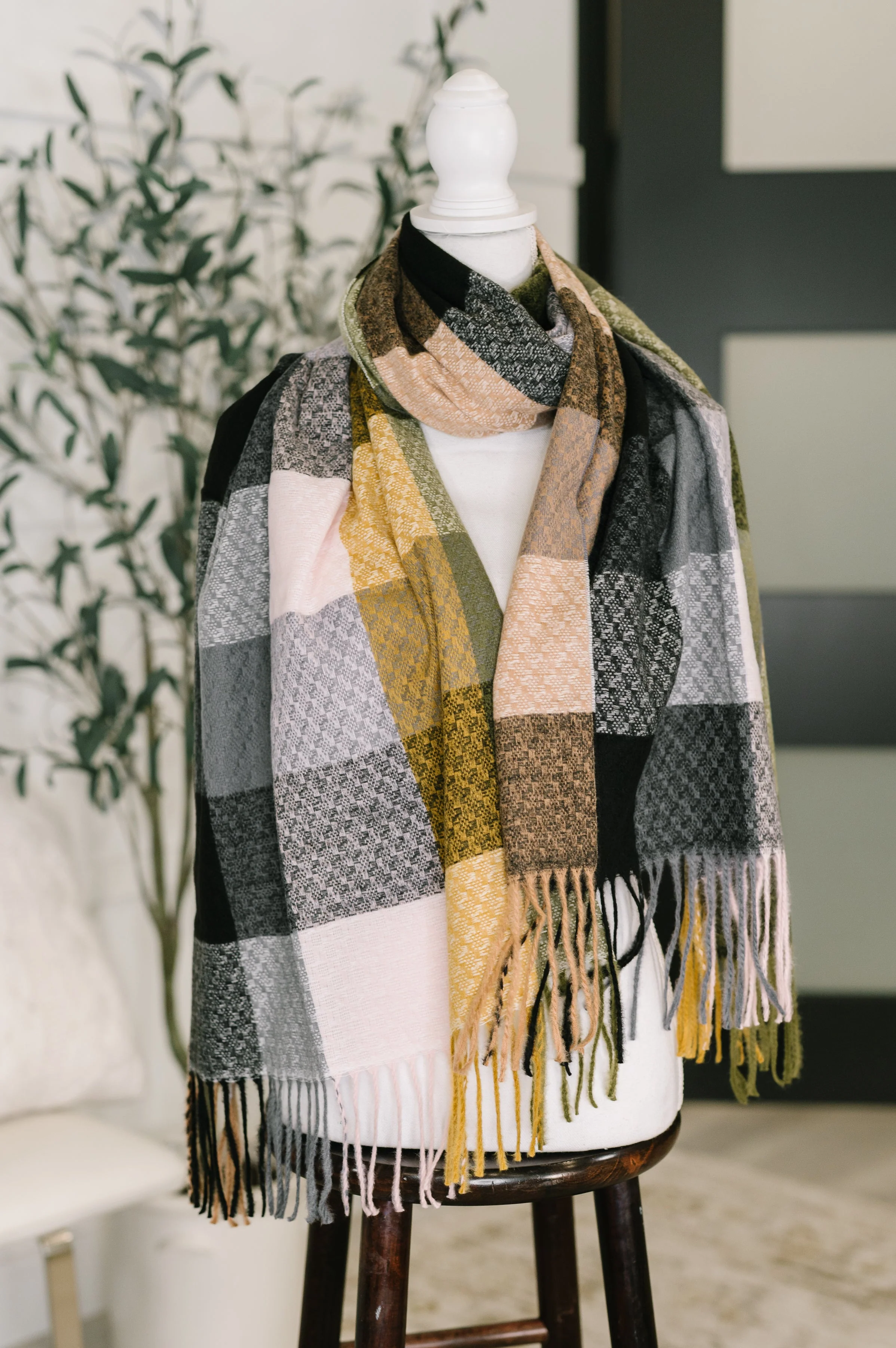 Keep Me Cozy Checkered Fringe Scarf in Woodland Shades - Image 6