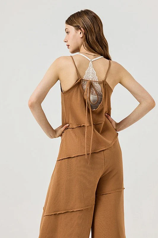Keyhole back Wide Leg Raw Edge Jumpsuit - Image 11