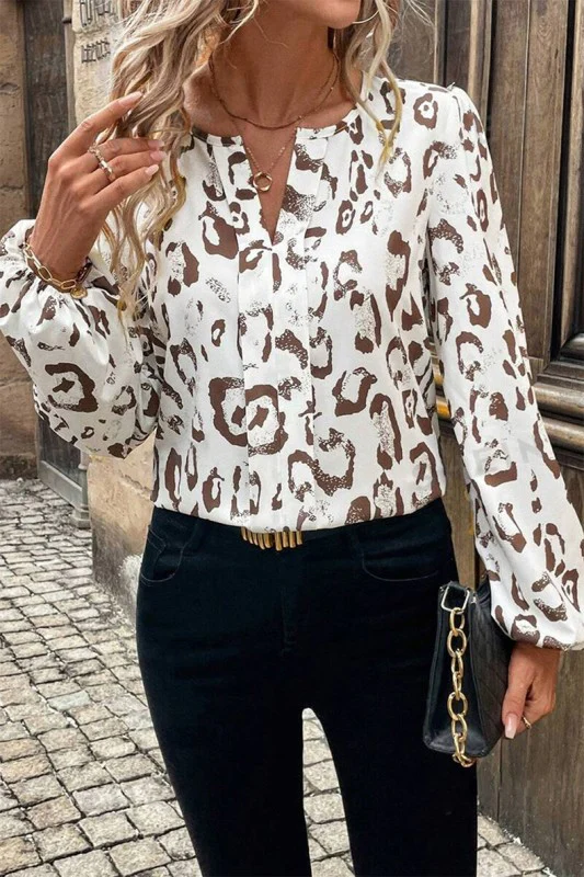 Khaki Leopard Print V Neck Balloon Sleeve Blouse