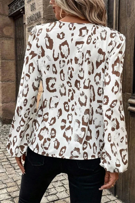 Khaki Leopard Print V Neck Balloon Sleeve Blouse - Image 4