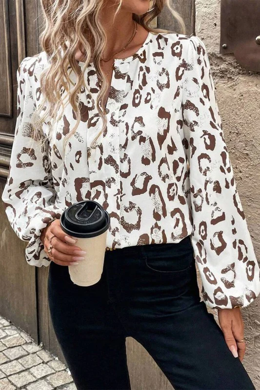 Khaki Leopard Print V Neck Balloon Sleeve Blouse - Image 5