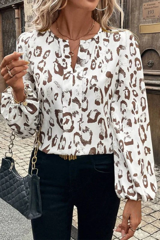 Khaki Leopard Print V Neck Balloon Sleeve Blouse - Image 6