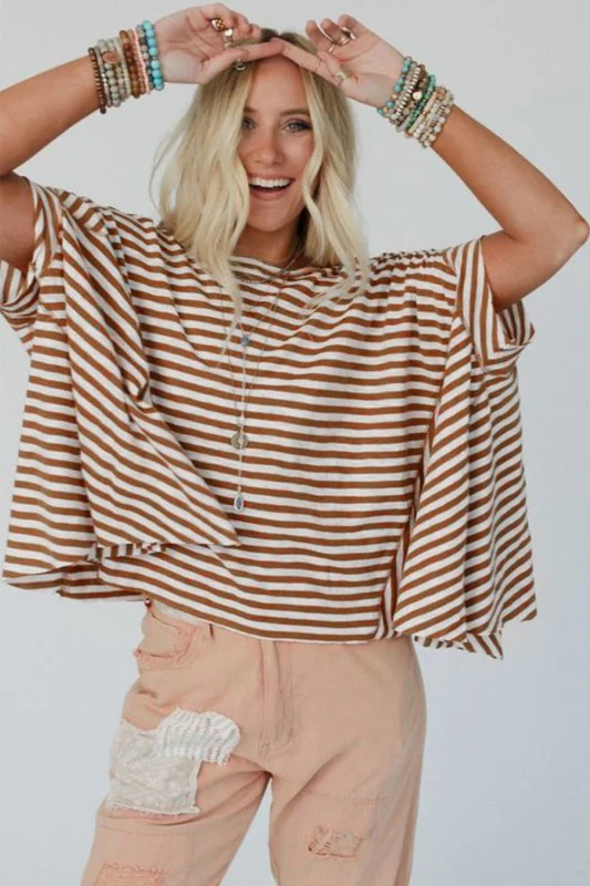 Khaki Stripe Batwing Sleeve Crewneck Oversized Top - Image 11