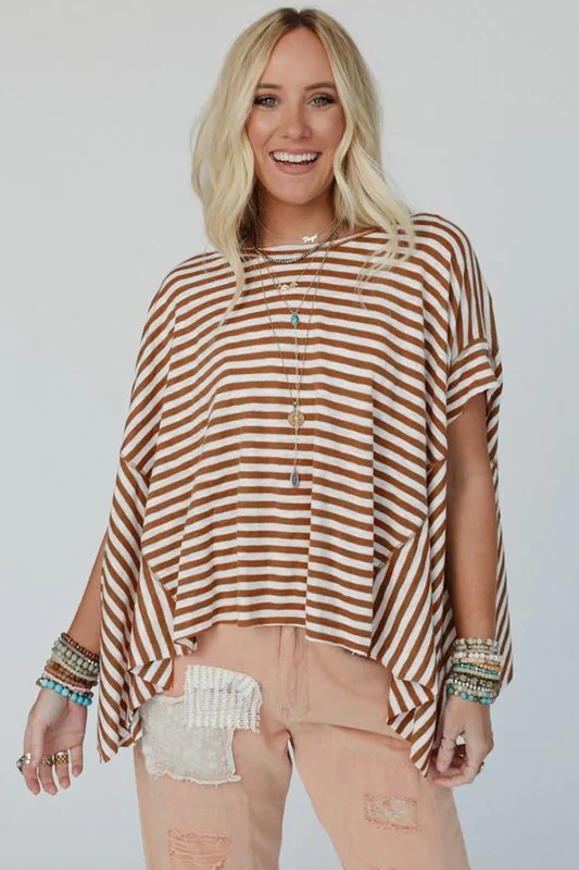 Khaki Stripe Batwing Sleeve Crewneck Oversized Top - Image 2
