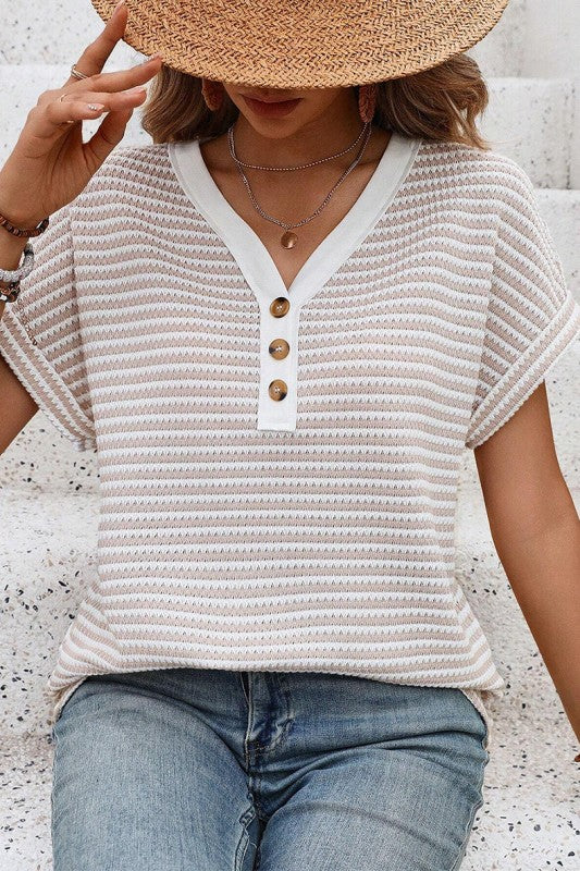 Khaki Stripe Buttoned Front V Neck Knitted T Shirt - Image 10