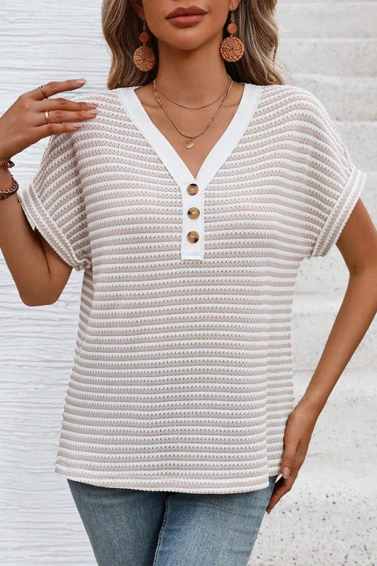 Khaki Stripe Buttoned Front V Neck Knitted T Shirt - Image 13