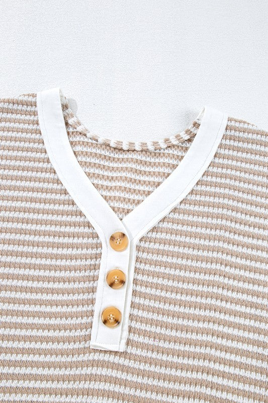 Khaki Stripe Buttoned Front V Neck Knitted T Shirt - Image 6