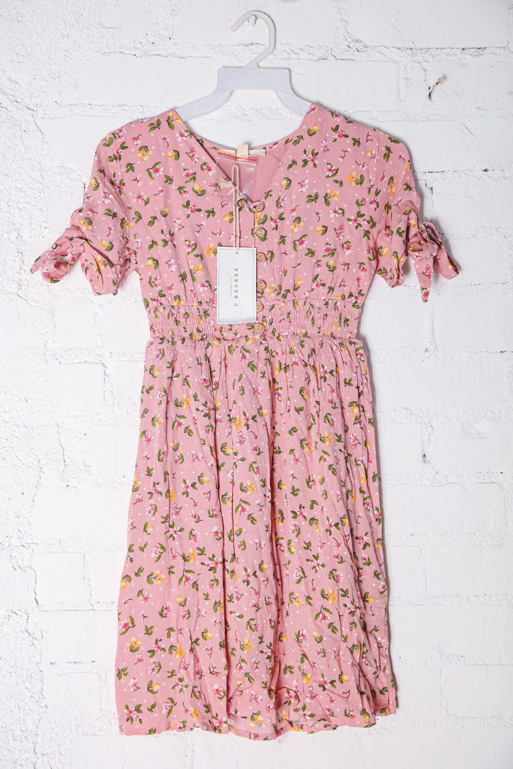 Kids Adorable Rose Smocked Waist Floral Bow Tie Sleeve Dress