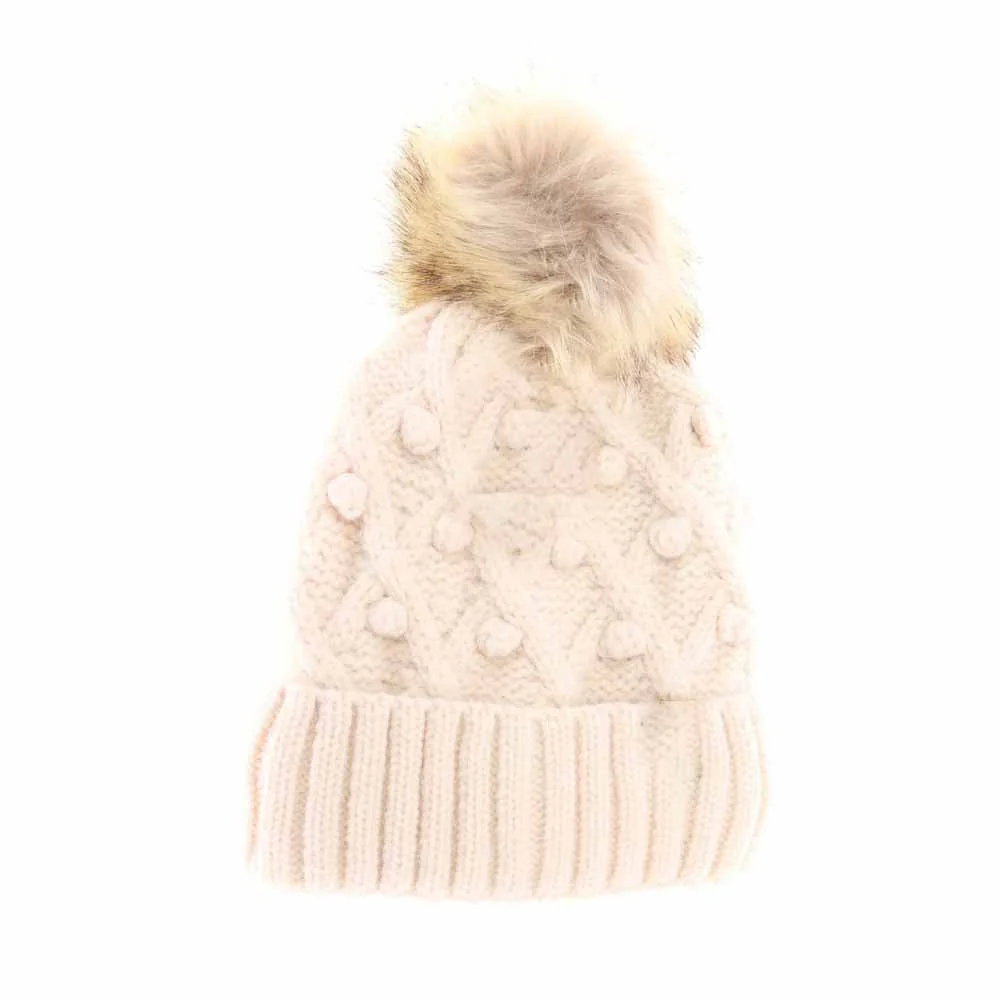KIDS Bobble Knit Faux Fur Pom C.C Beanie - Image 3