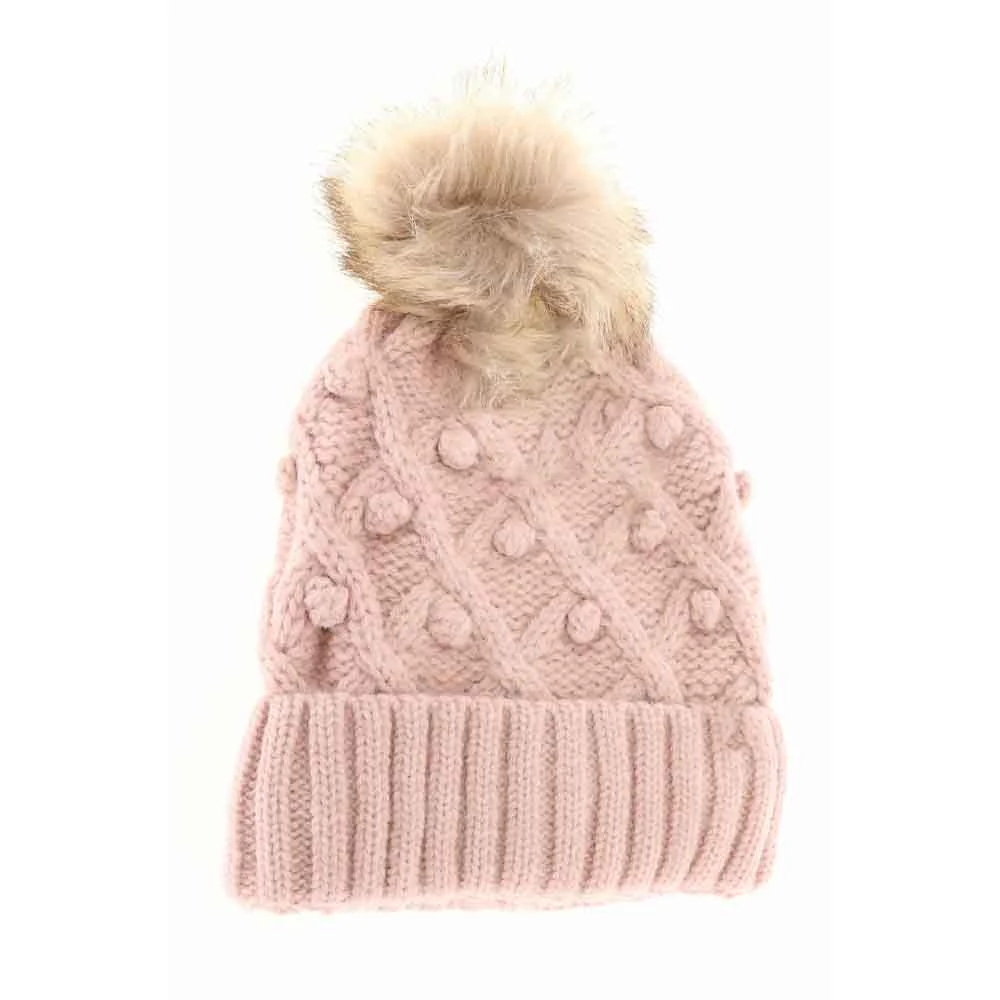 KIDS Bobble Knit Faux Fur Pom C.C Beanie - Image 4