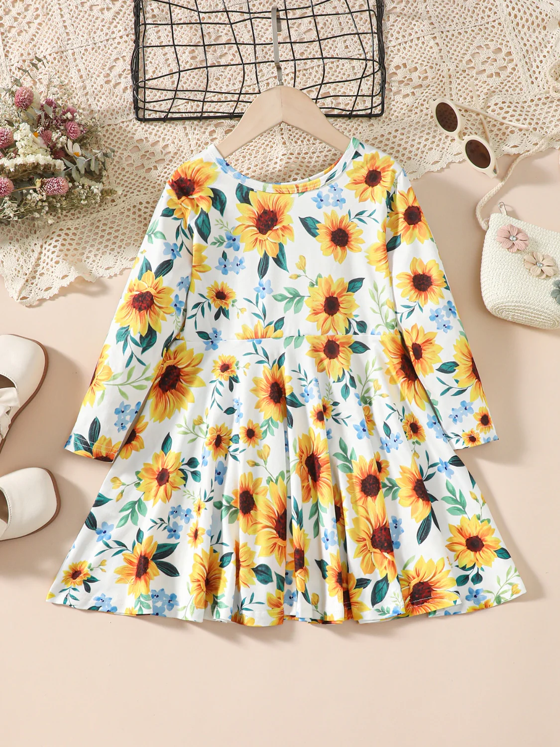 Kids Sunflower Print Round Neck Long Sleeve Dress - Image 3
