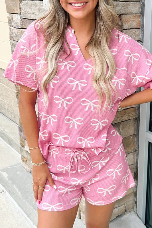 Knit Bowknot Printed T Shirt Shorts Set Loungewear