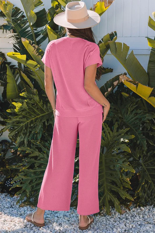 Knit Short Sleeve T Shirt Wide Leg Pants Set - Image 14