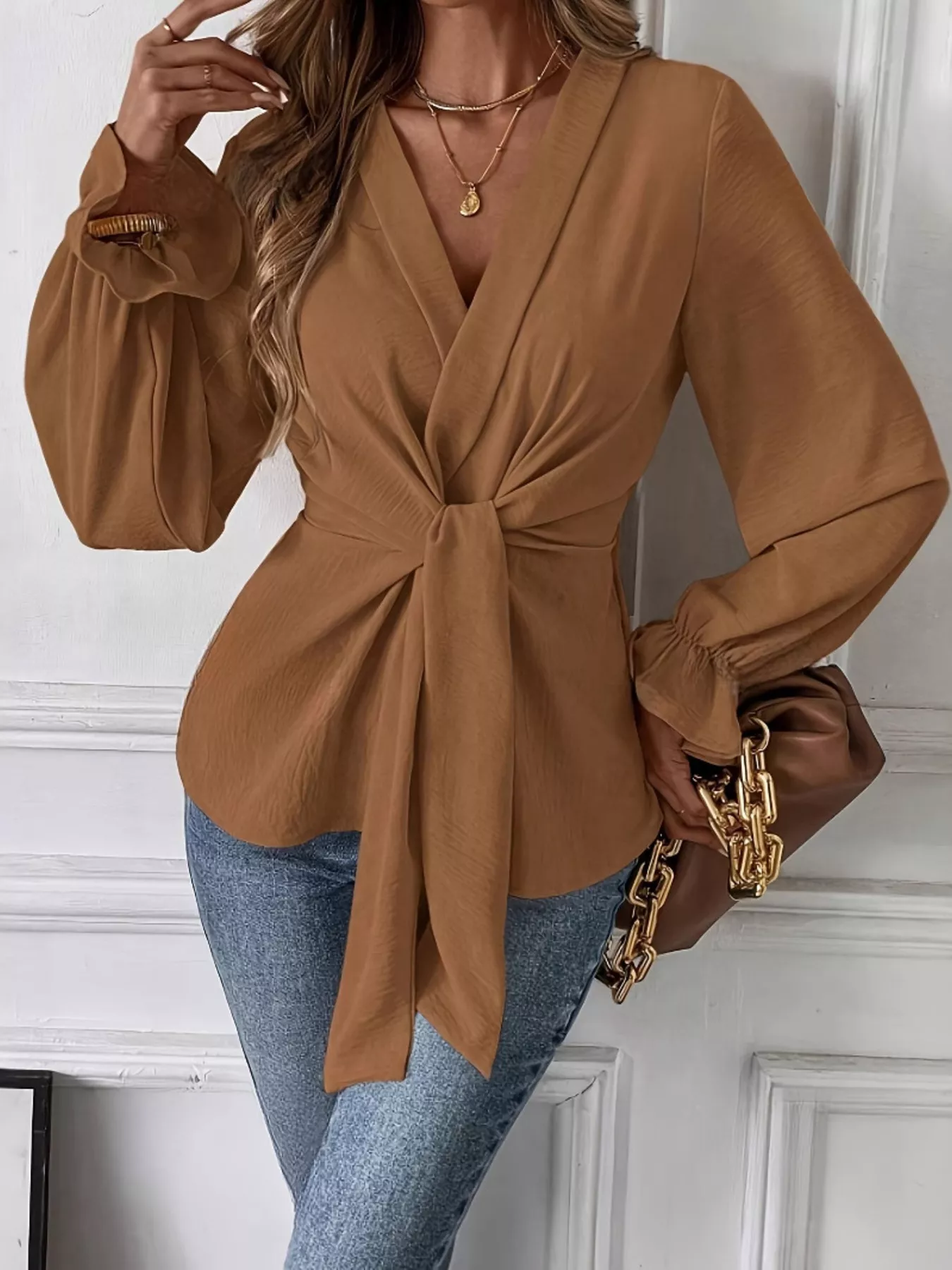 Knot Front Flounce Sleeve Blouse - Image 2