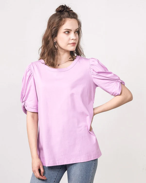 Knotted Puff Sleeve Cotton Knit Top - Image 19
