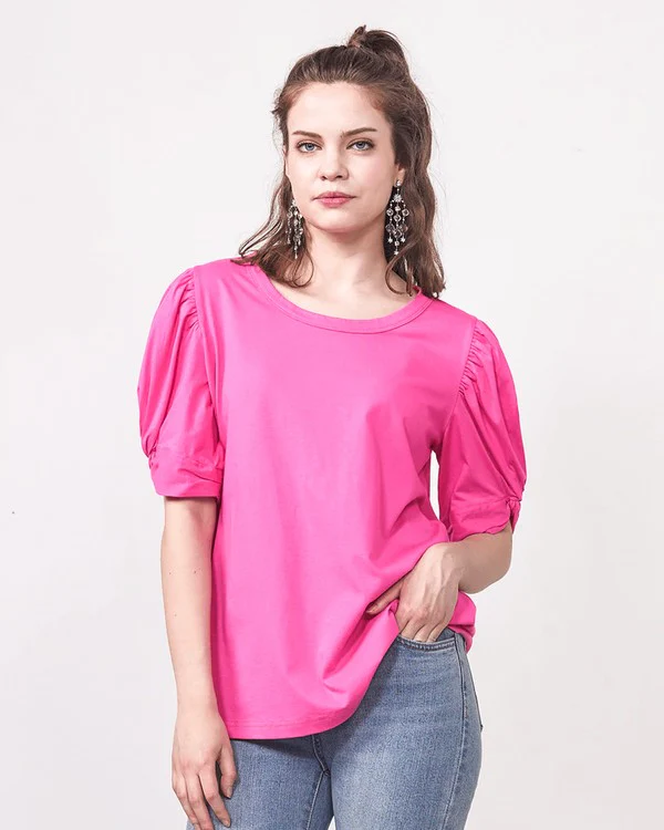 Knotted Puff Sleeve Cotton Knit Top - Image 4