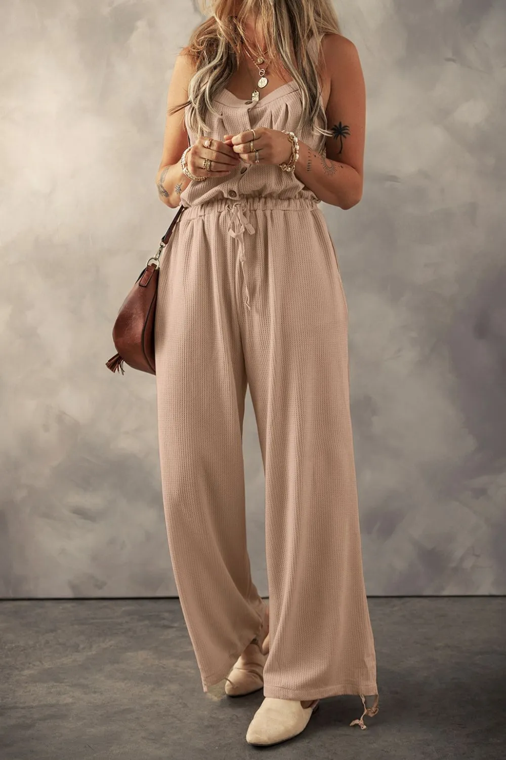 Knotted Straps Button Textured Drawstring Jumpsuit - Image 14