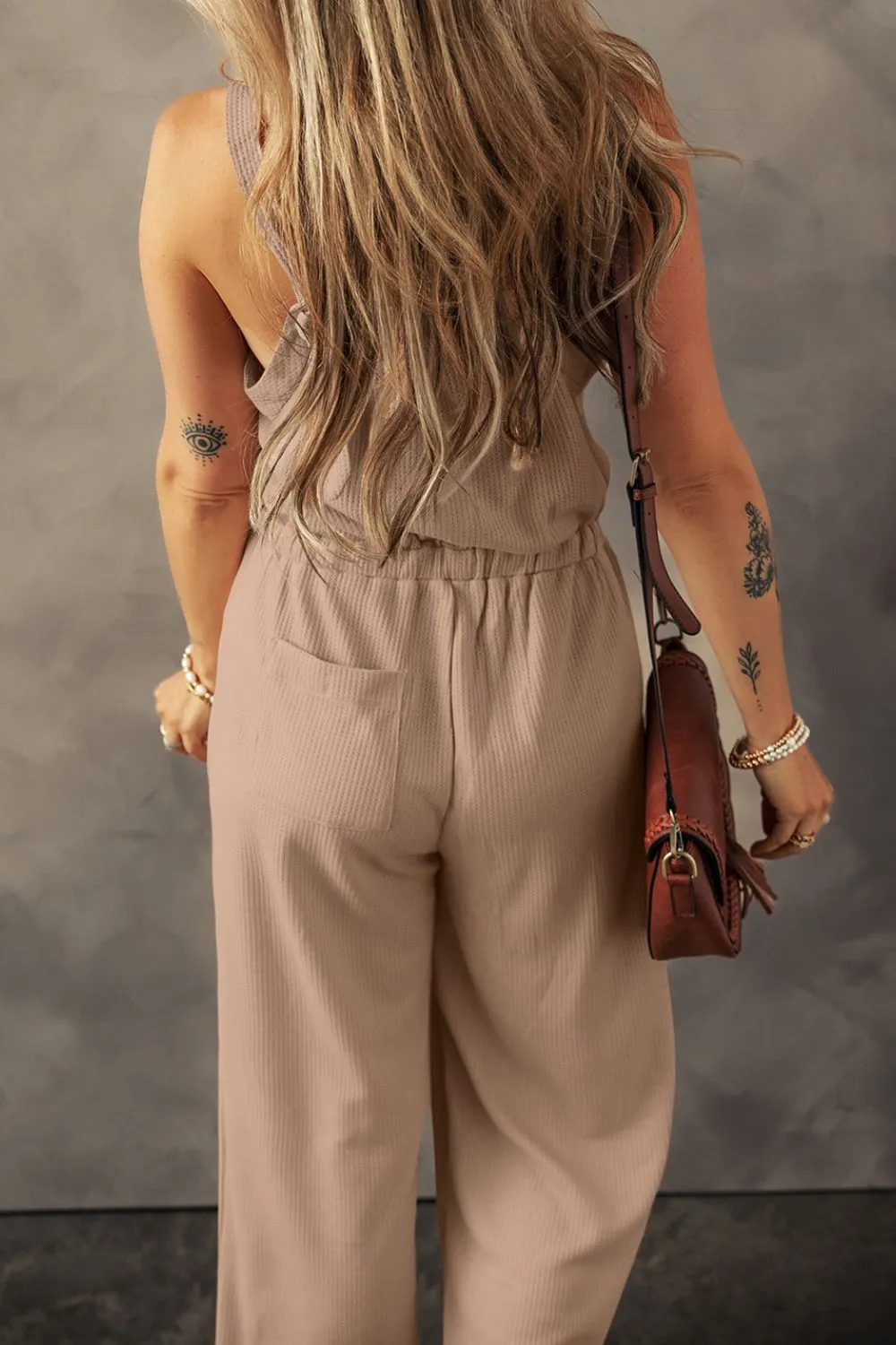 Knotted Straps Button Textured Drawstring Jumpsuit - Image 16