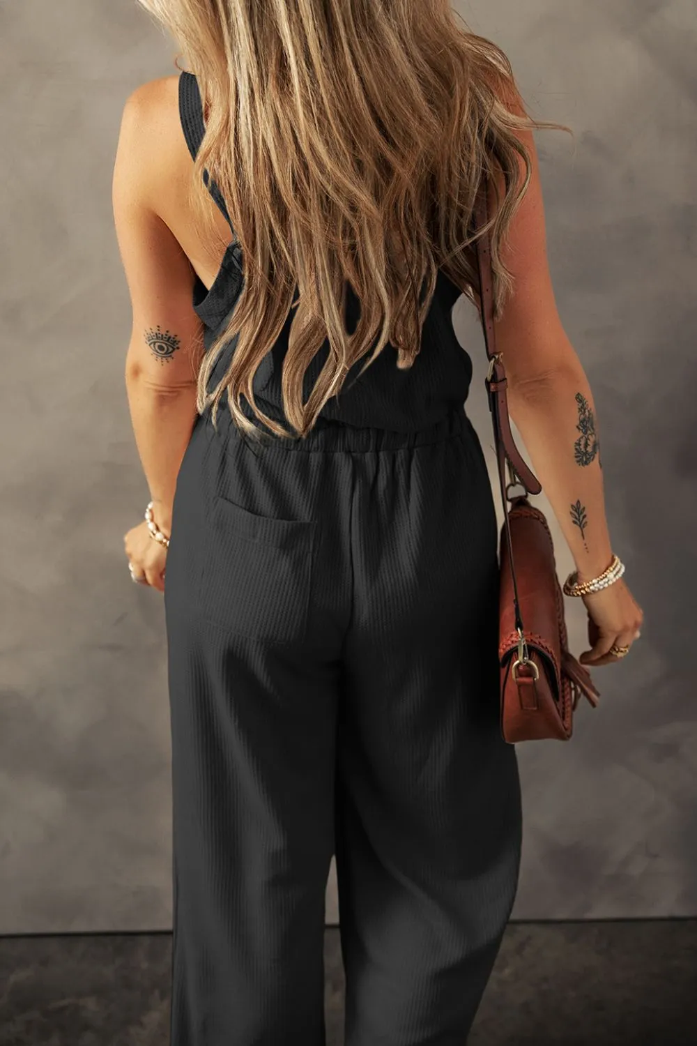 Knotted Straps Button Textured Drawstring Jumpsuit - Image 2