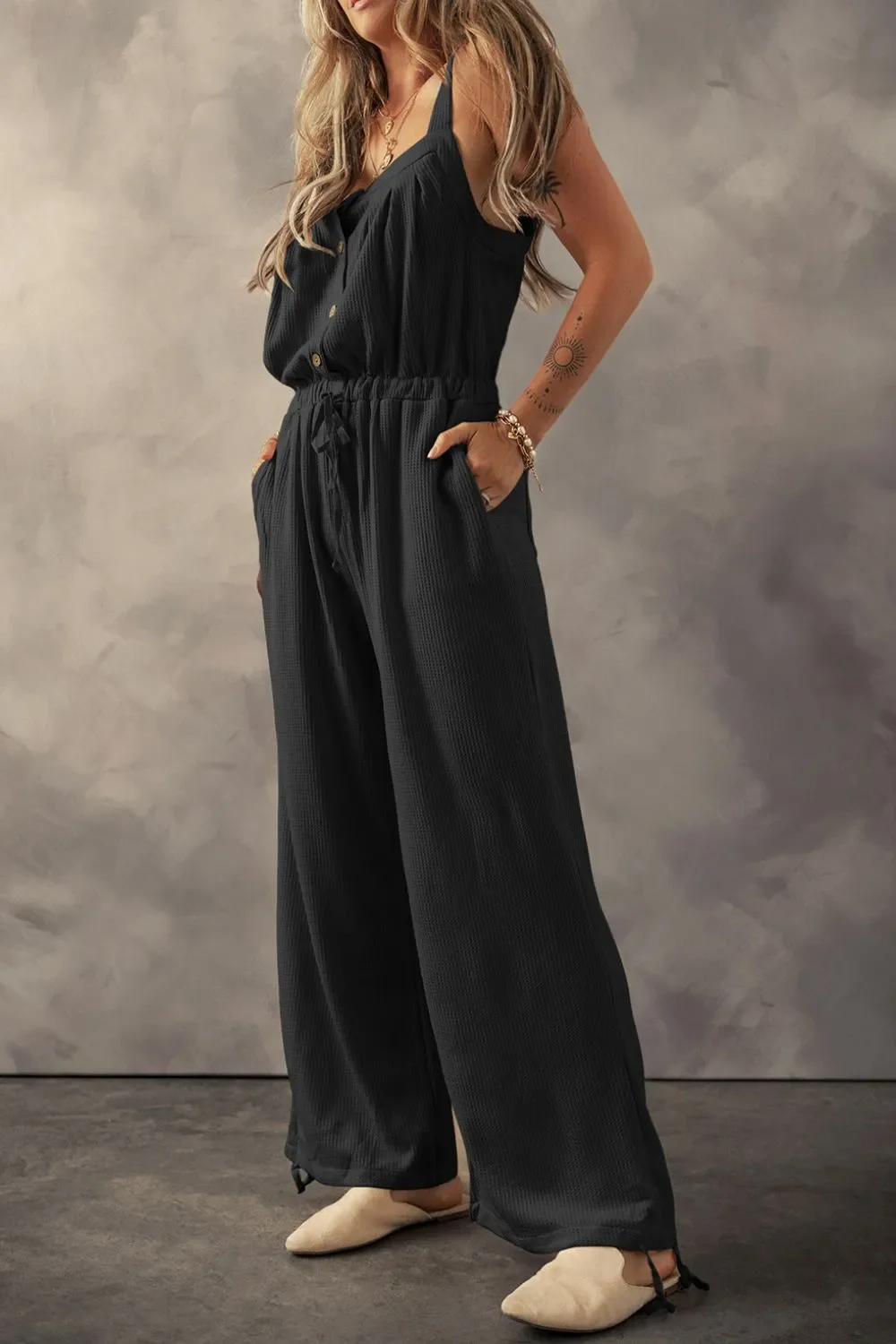Knotted Straps Button Textured Drawstring Jumpsuit - Image 3