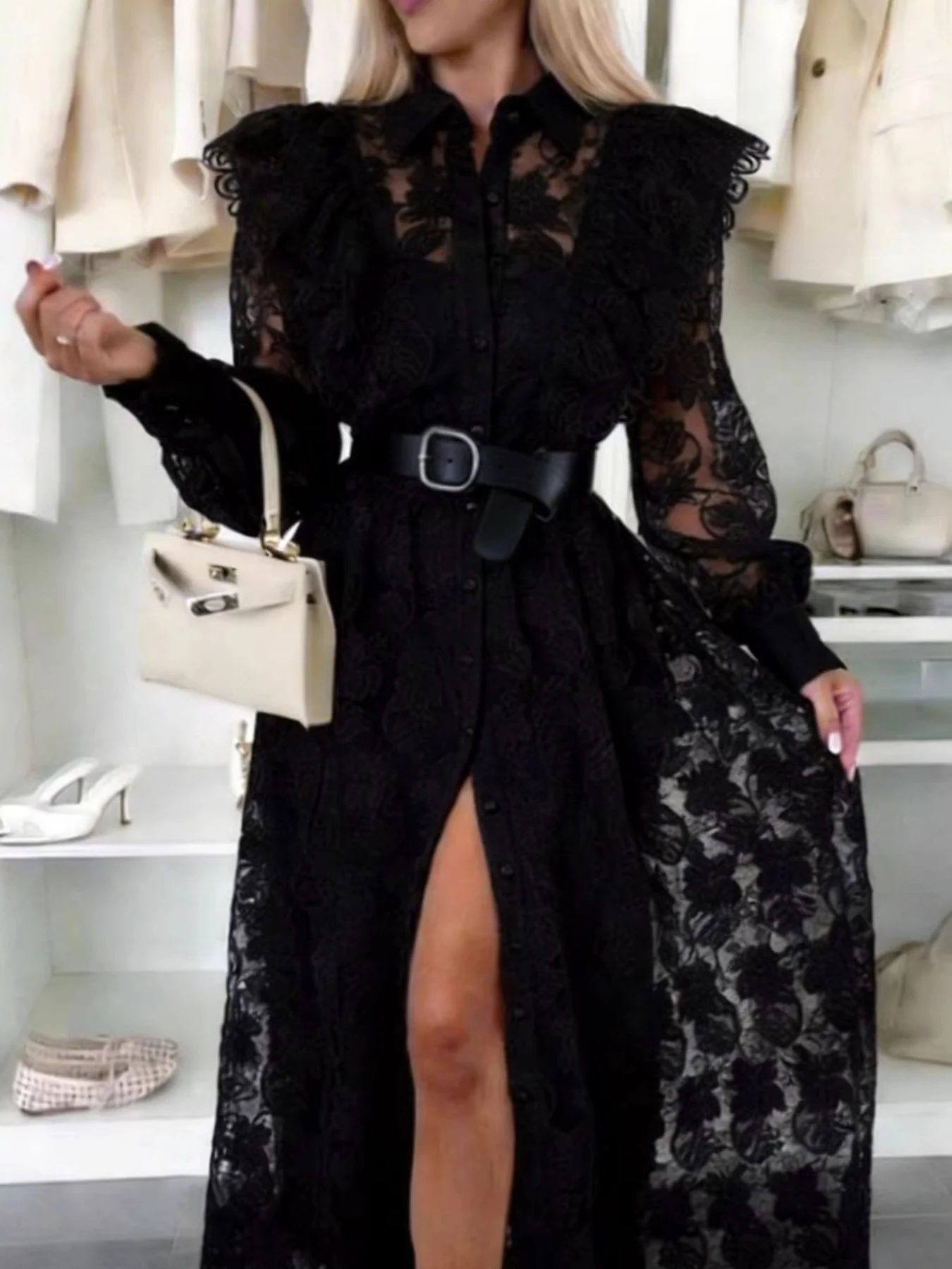 Lace Button Front Shirt Dress - Image 6