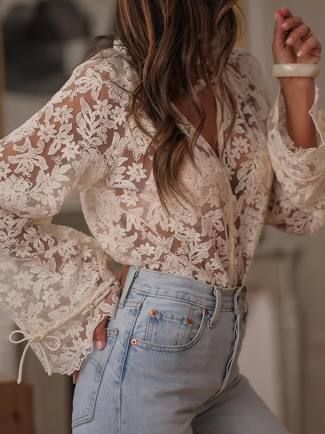 Lace Button Up Long Sleeve Shirt - Image 2
