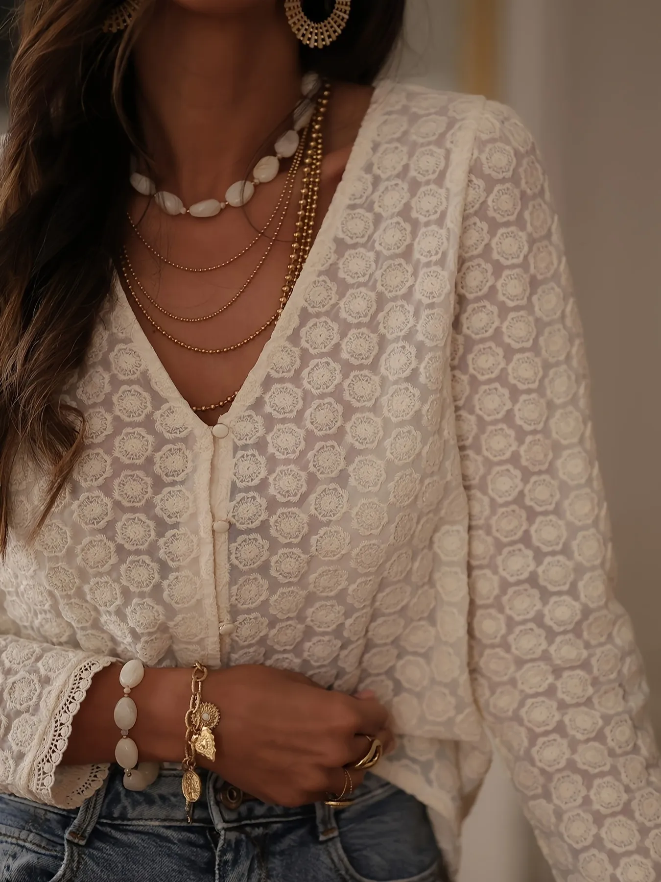 Lace Button Up Long Sleeve Shirt - Image 3
