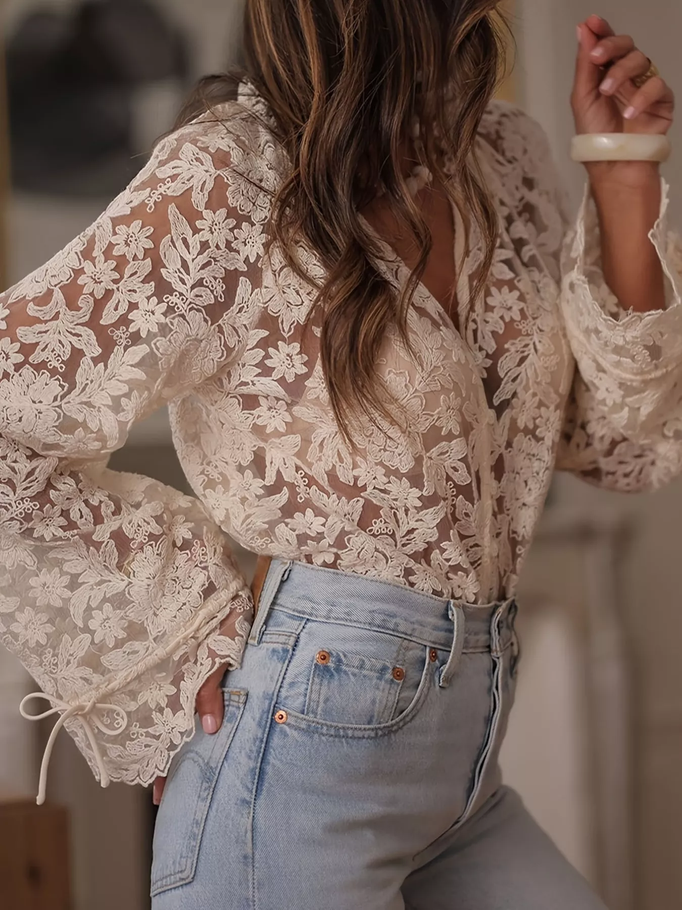 Lace Button Up Long Sleeve Shirt - Image 3