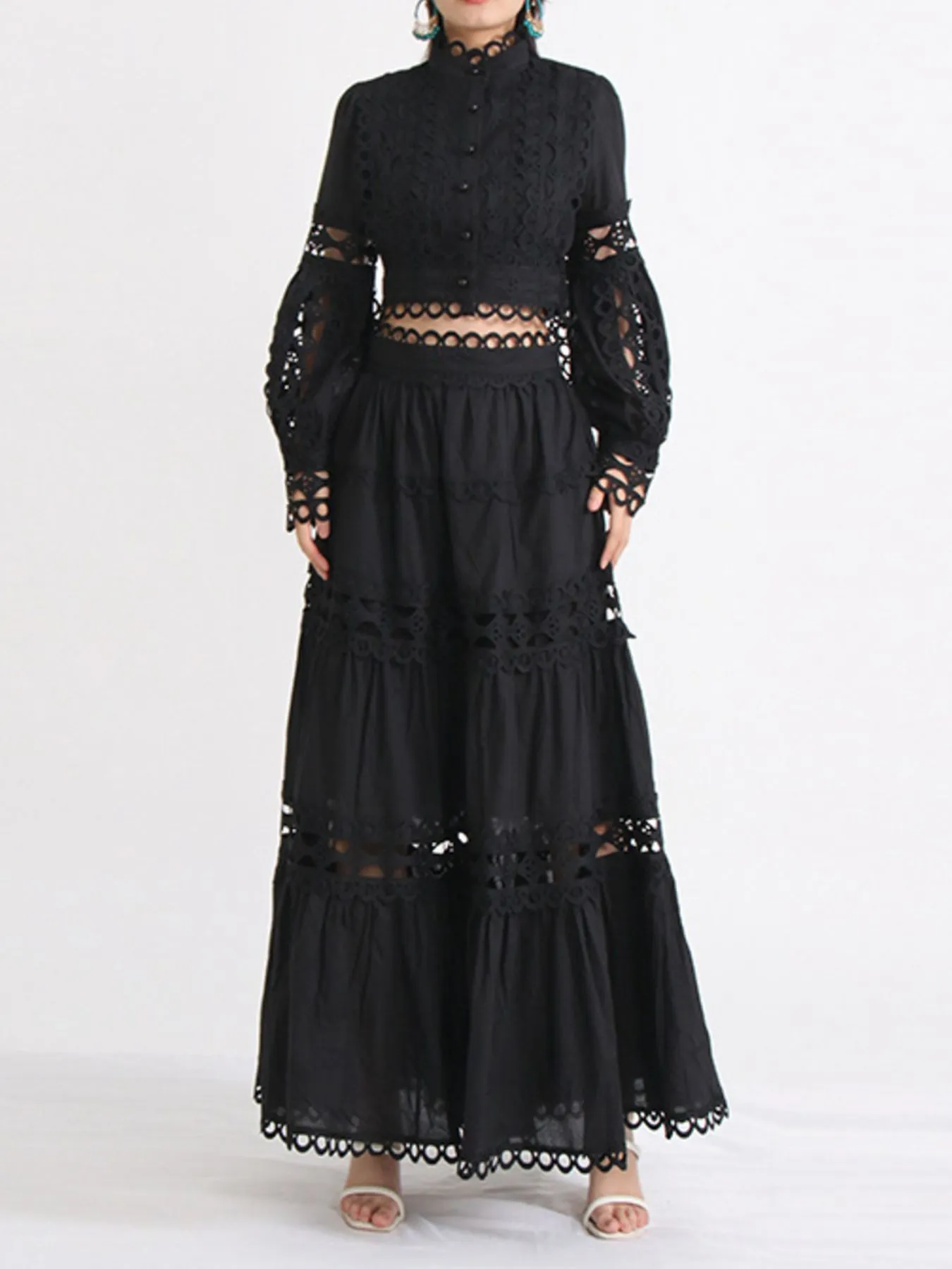 Lace Button Up Long Sleeve Top and Skirt Set - Image 5