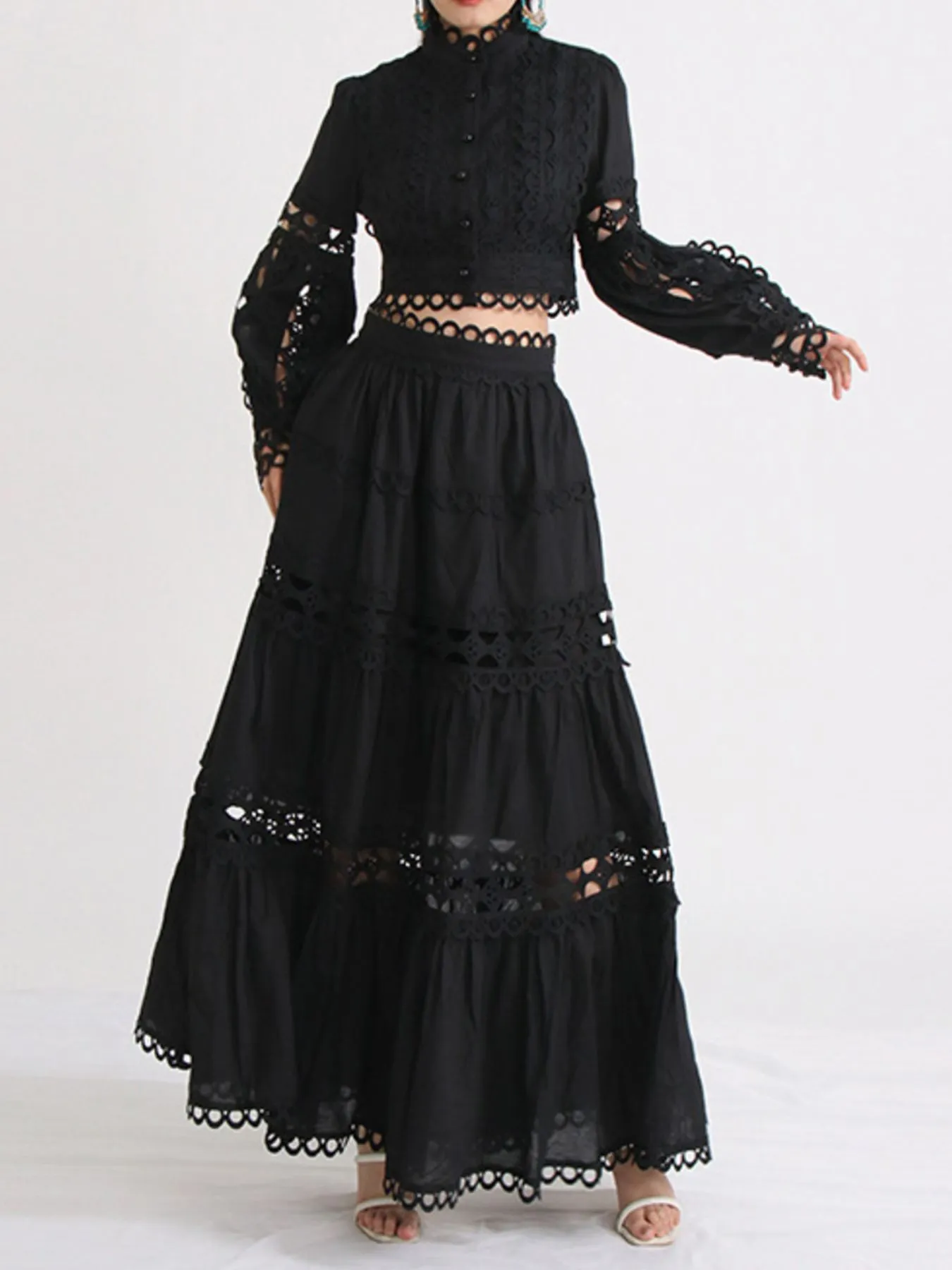 Lace Button Up Long Sleeve Top and Skirt Set - Image 6