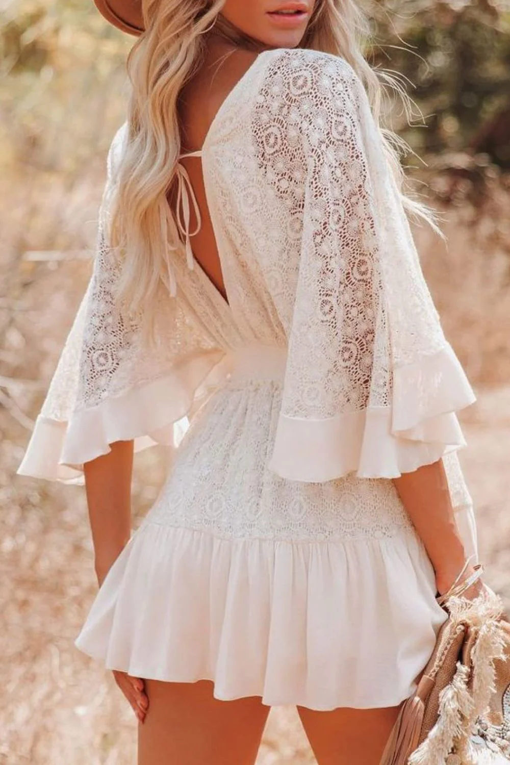 Lace Cutout Surplice Half Sleeve Dress - Image 2