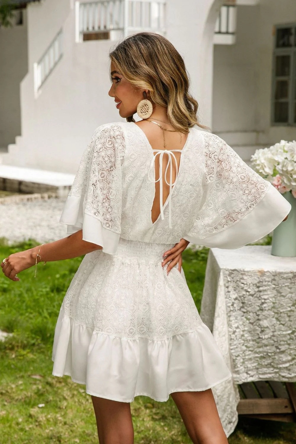 Lace Cutout Surplice Half Sleeve Dress - Image 4
