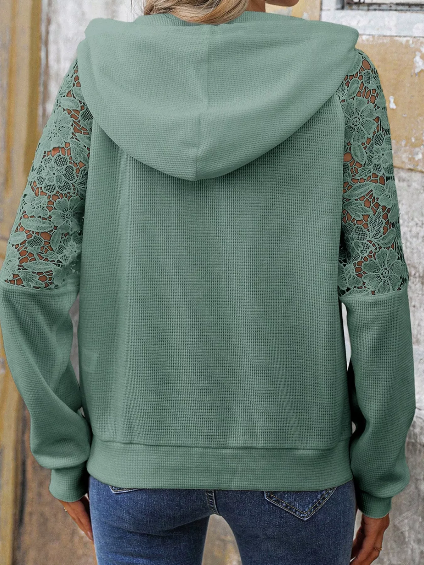 Lace Detail Drawstring Long Sleeve Hoodie - Image 2