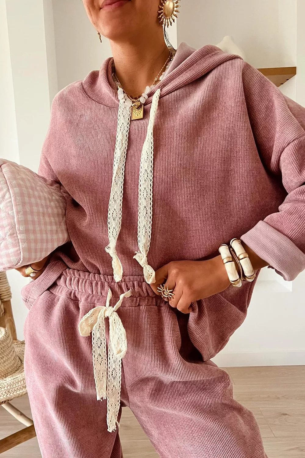 Lace Detail Dropped Shoulder Hoodie and Pants Set - Image 2