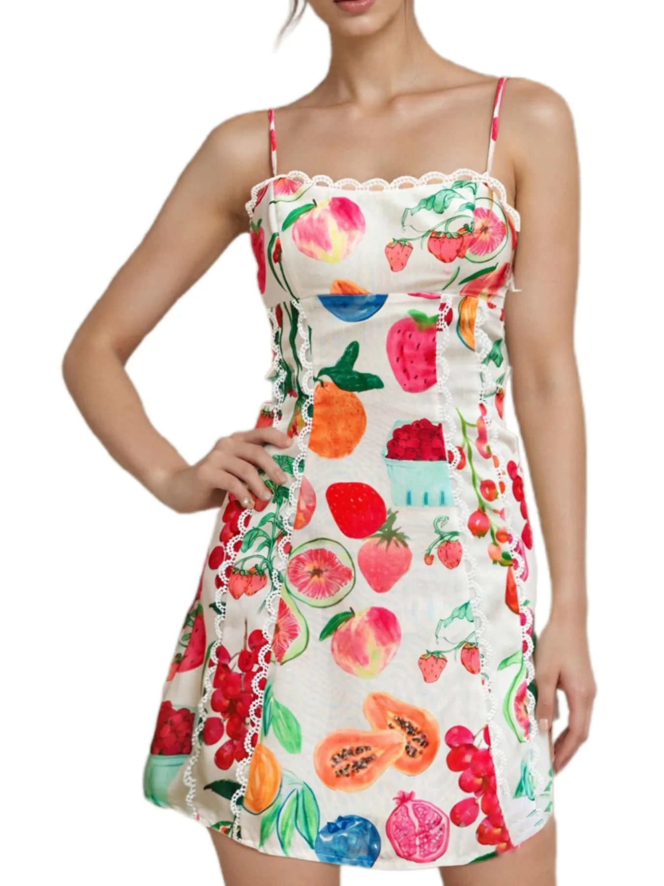 Lace Detail Fruit Print Cami Dress - Image 2
