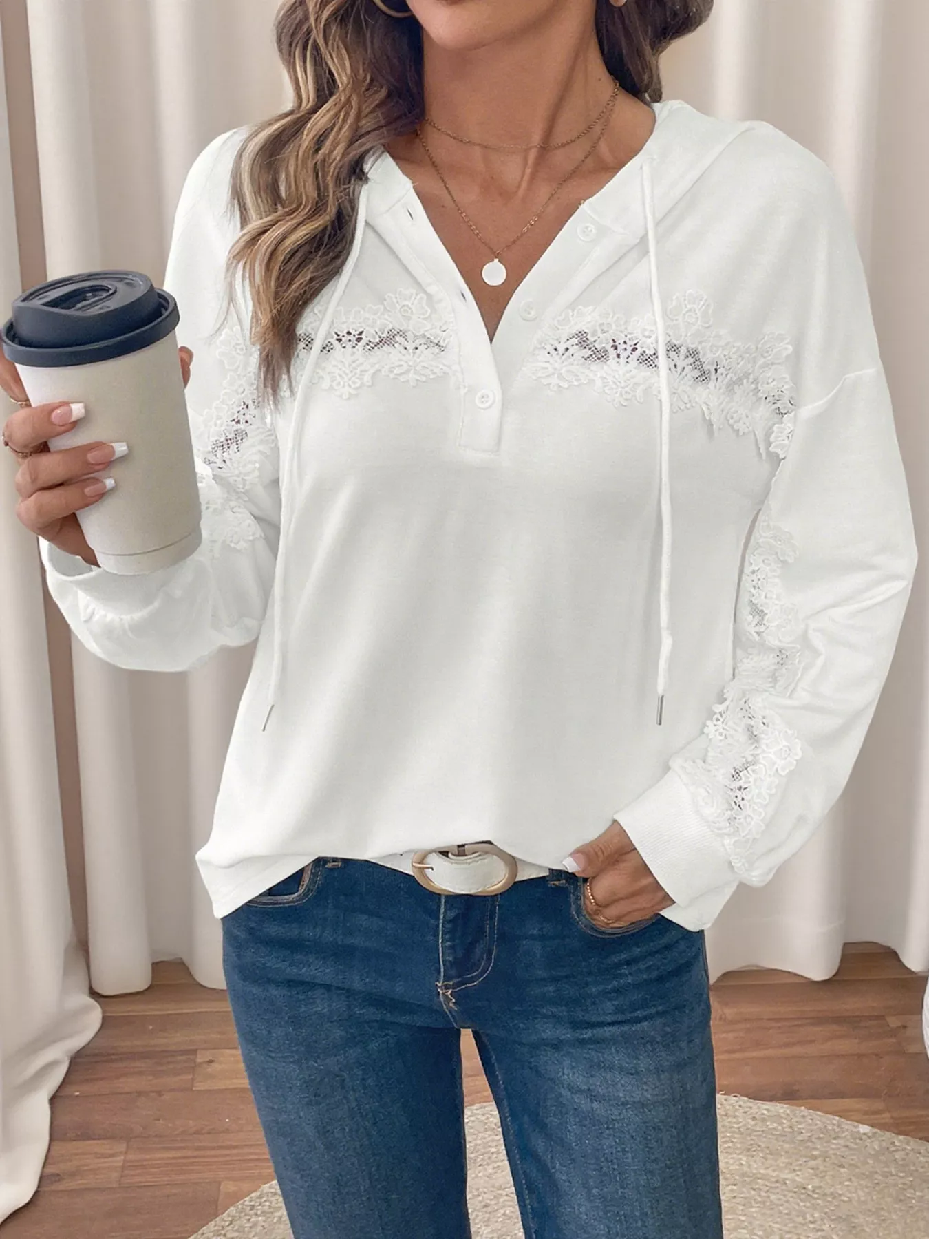 Lace Detail Long Sleeve Drawstring Hoodie - Image 3