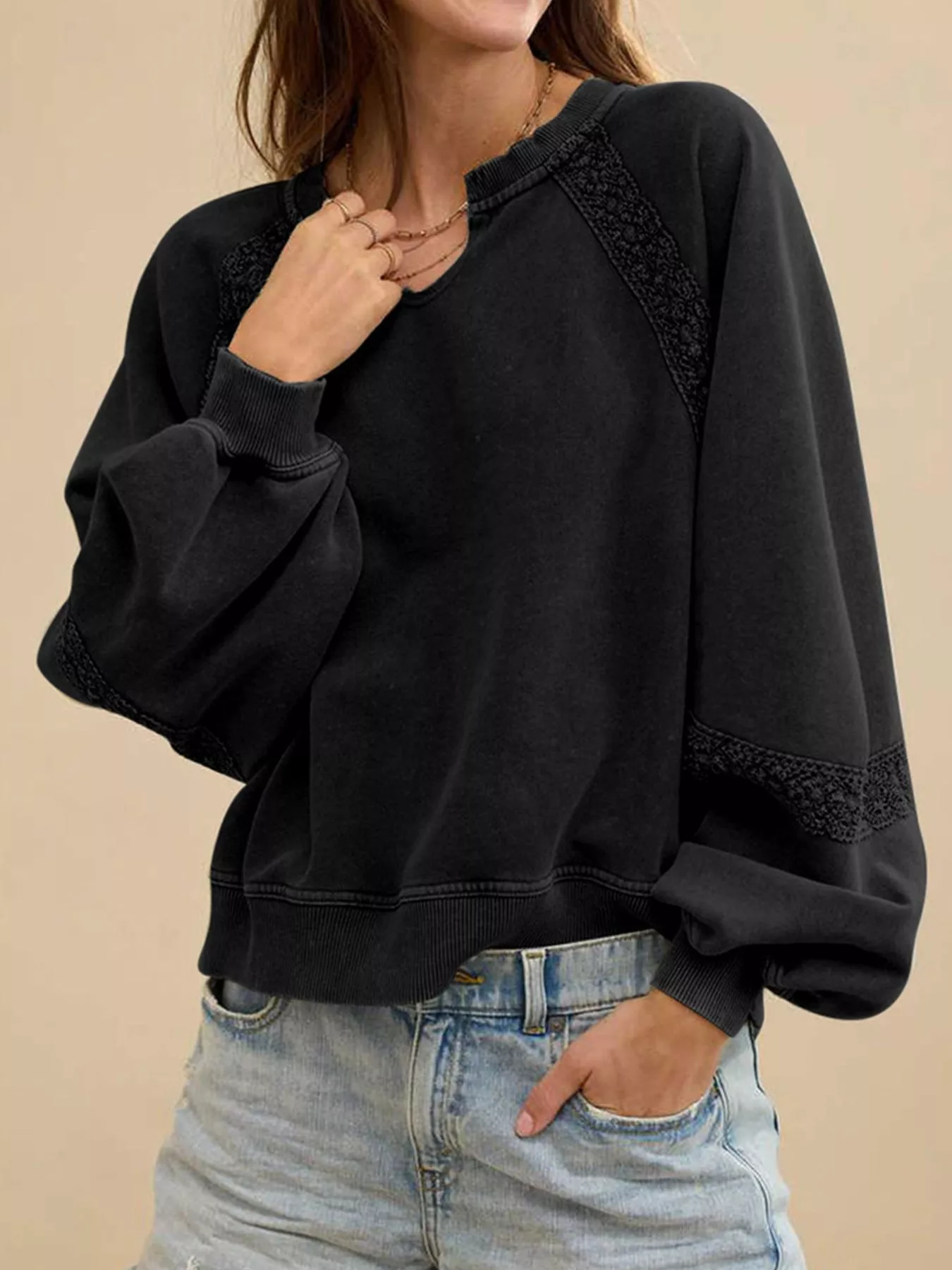 Lace Detail Notched Long Sleeve Sweatshirt - Image 13