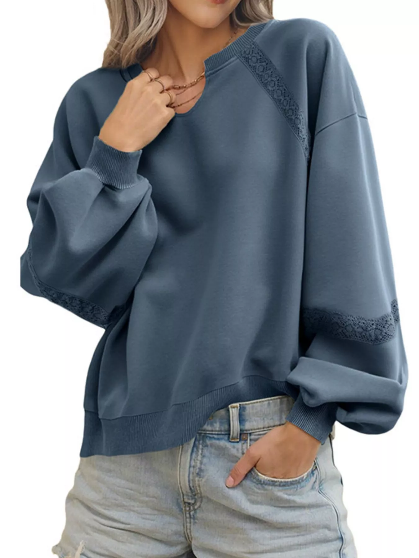 Lace Detail Notched Long Sleeve Sweatshirt - Image 16