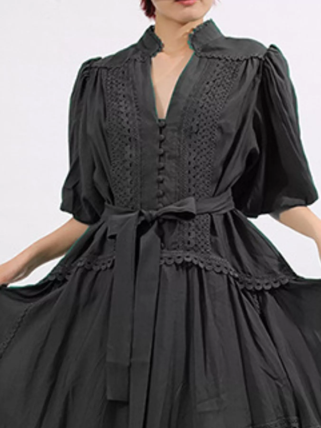 Lace Detail Notched Puff Sleeve Maxi Dress - Image 13