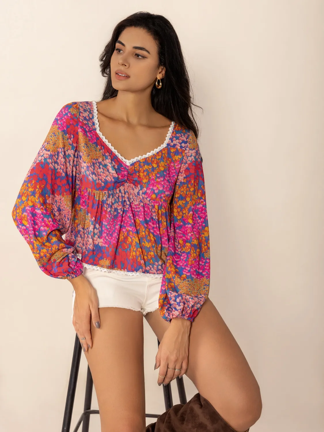 Lace Detail Printed Balloon Sleeve Top - Image 2