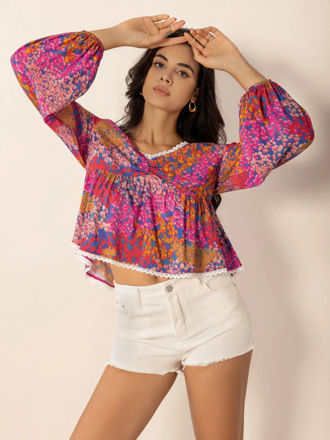 Lace Detail Printed Balloon Sleeve Top - Image 4