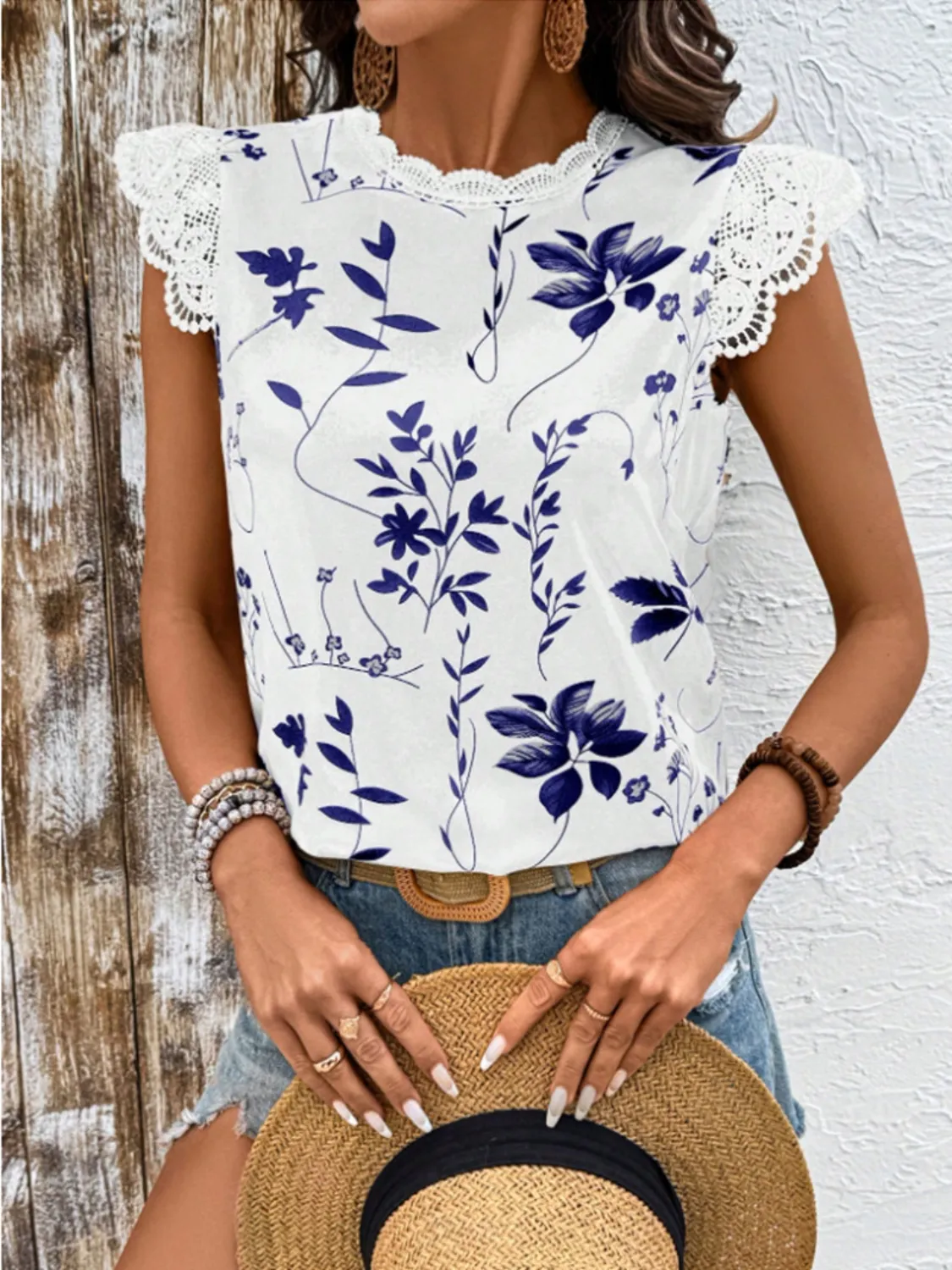 Lace Detail Printed Cap Sleeve Blouse - Image 5