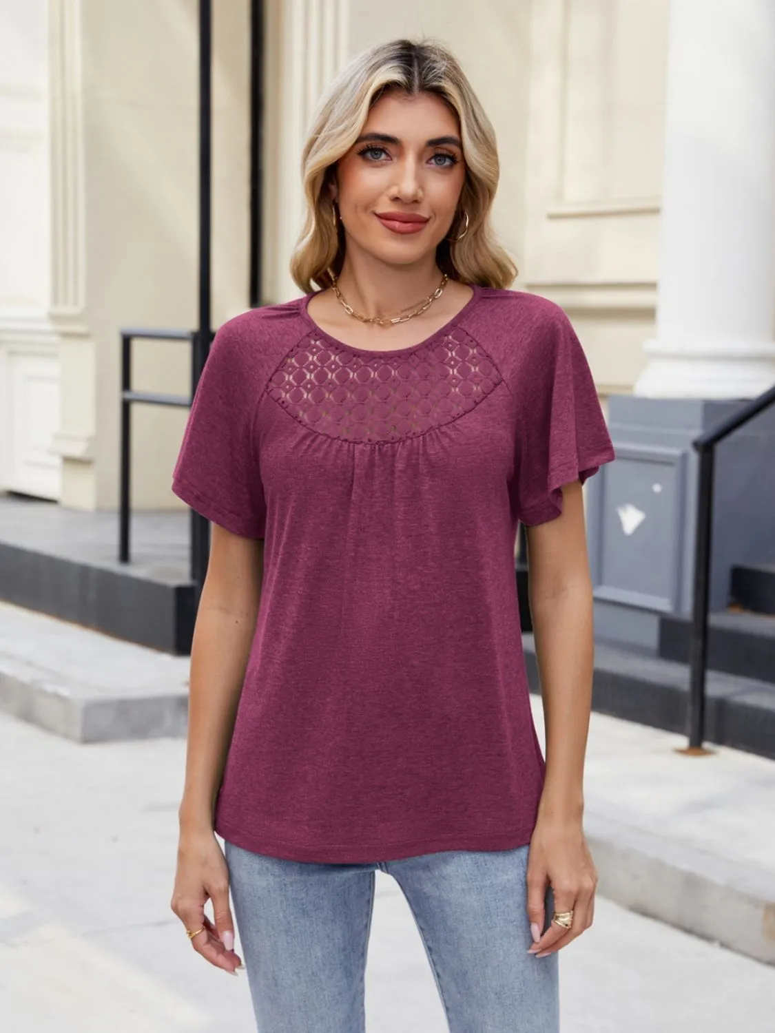 Lace Detail Round Neck Short Sleeve Blouse - Image 12