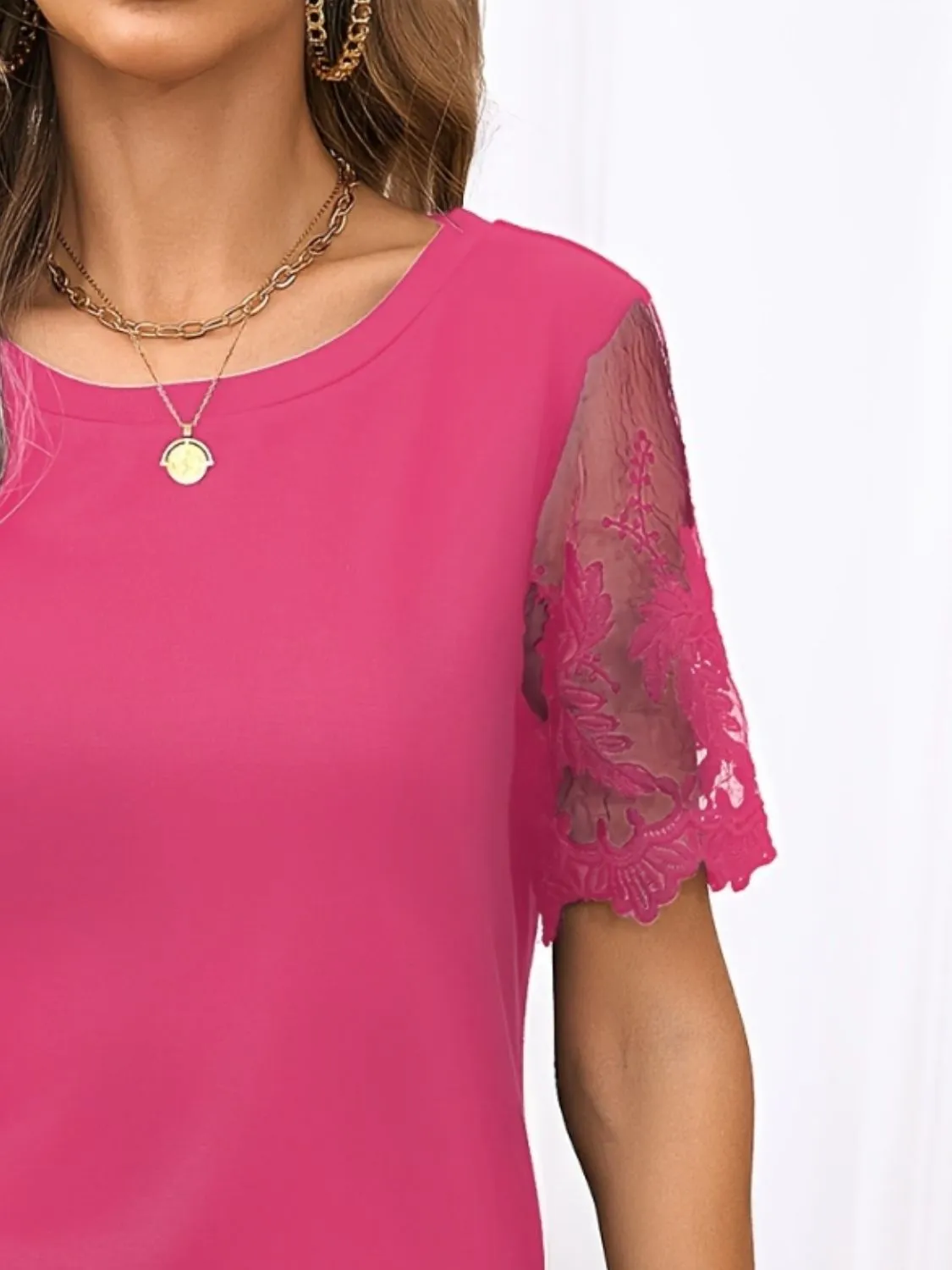 Lace Detail Round Neck Short Sleeve T-Shirt - Image 7