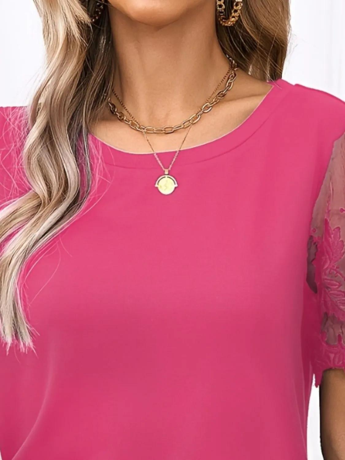 Lace Detail Round Neck Short Sleeve T-Shirt - Image 8