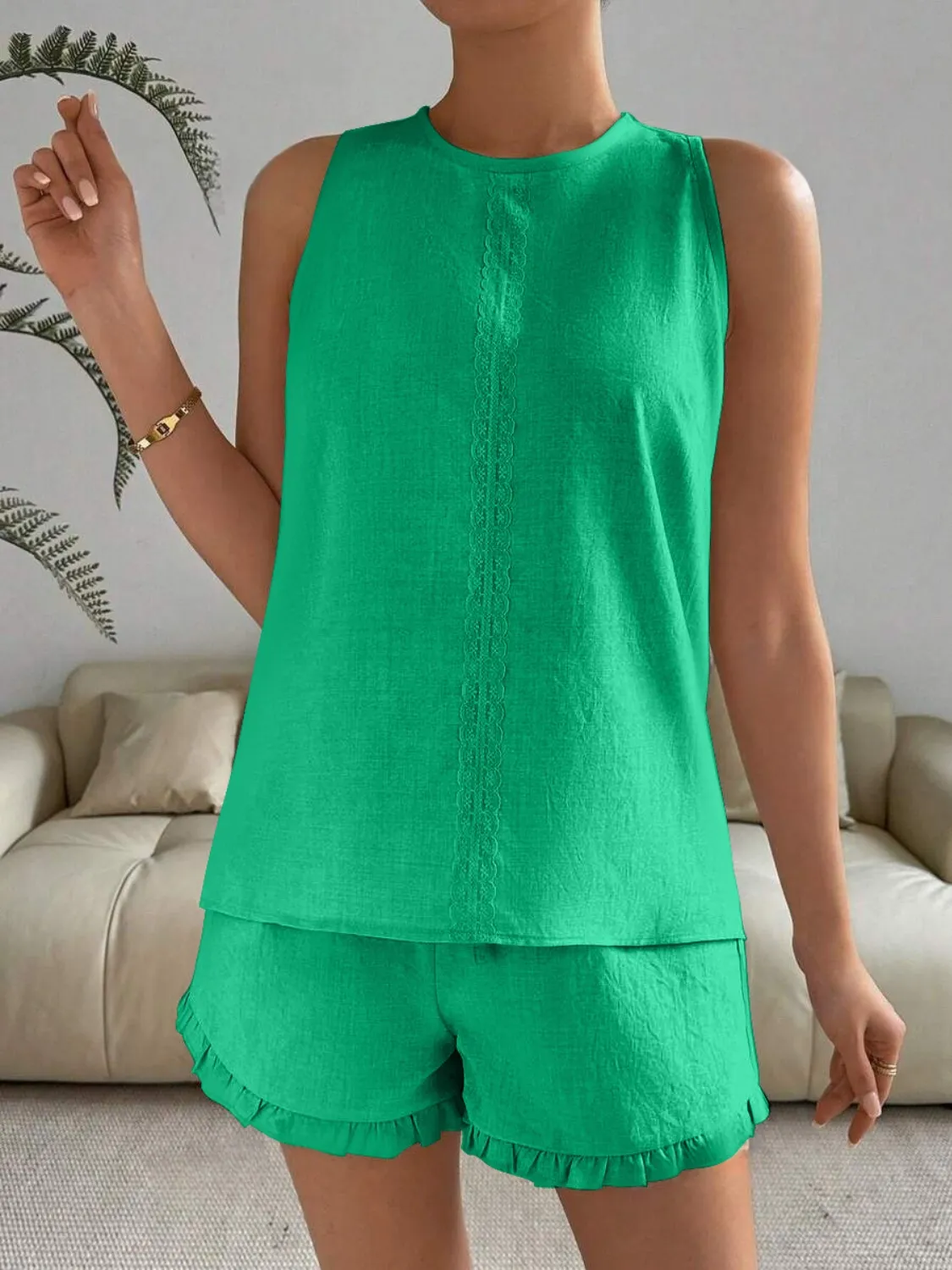 Lace Detail Round Neck Tank and Shorts Set - Image 16