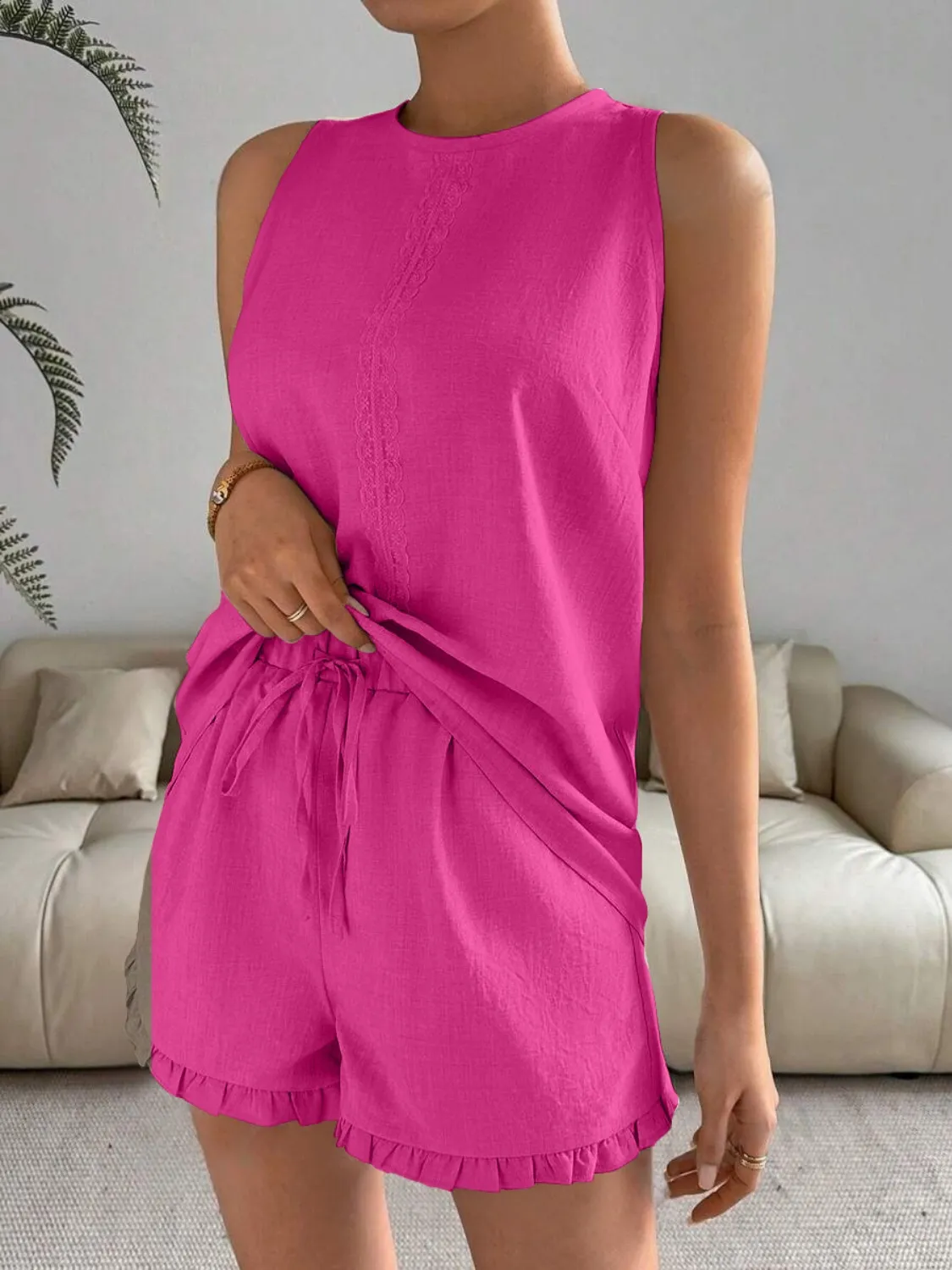 Lace Detail Round Neck Tank and Shorts Set - Image 19